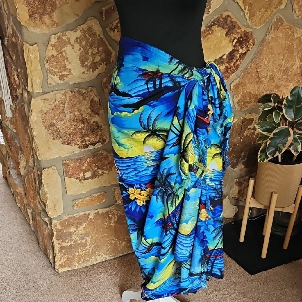 Tropical Vibrant Island Theme Sarong‎  Beach CoverUp With Tasseled Ends